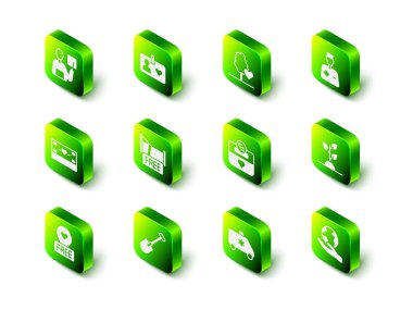 Set Volunteer id card or badge, team planting trees, Male doctor, Hand holding Earth globe, Donation charity, Emergency and Shovel icon. Vector