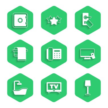 Set Telephone handset, Smart Tv, Table lamp, Bathtub, Towel hanger, Digital door lock and Safe icon. Vector