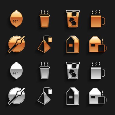 Set Tea bag, Cup of tea, with milk, Paper package for, Cigarette, Ice, Lemon and  icon. Vector