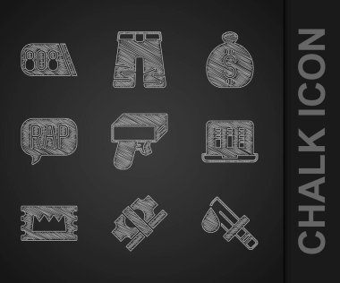 Set Money gun, Stacks paper money cash, Bloody knife, Sound or audio recorder, Concert ticket, Rap music, bag and Drum machine icon. Vector