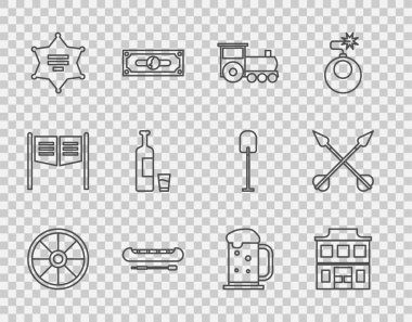 Set line Old wooden wheel, Wild west saloon, Retro train, Kayak or canoe and paddle, Hexagram sheriff, Whiskey bottle glass, Wooden beer mug and Crossed arrows icon. Vector