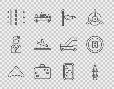 Set line Jet fighter, Rocket, Cone meteorology windsock wind vane, Suitcase, Airport runway, Plane landing, Airplane window and Helicopter pad icon. Vector