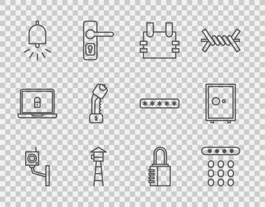 Set line Security camera, Password protection, Bulletproof vest, Watch tower, Ringing alarm bell, Police electric shocker, Safe combination lock and  icon. Vector