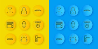 Set line Flasher siren, Website template, Lock and key, Door handle, Password protection, Motion sensor, Thief eye mask and  icon. Vector