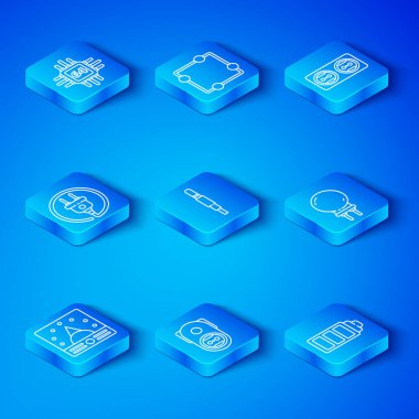 Set line Ampere meter, multimeter, voltmeter, Audio jack, Electrical outlet, Light emitting diode, plug, Processor with microcircuits CPU and Battery charge level indicator icon. Vector