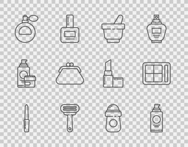 Set line Nail file, Spray can for hairspray, Mortar and pestle, Shaving razor, Perfume, Clutch bag, Antiperspirant deodorant roll and Eye shadow palette icon. Vector