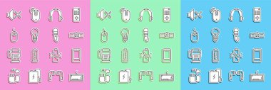 Set line Keyboard, Smartphone, mobile phone, Smartwatch, Headphones, Light bulb with concept of idea, Computer mouse, Speaker mute and Microphone icon. Vector