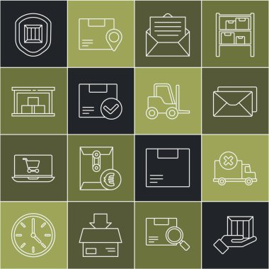 Set line Delivery hand with boxes, cargo truck vehicle, Envelope, Package check mark, Warehouse, security shield and Forklift icon. Vector
