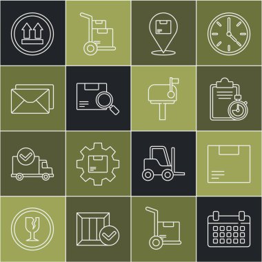 Set line Calendar, Carton cardboard box, Verification of delivery list clipboard, Location with, Search package, Envelope, This side up and Mail icon. Vector