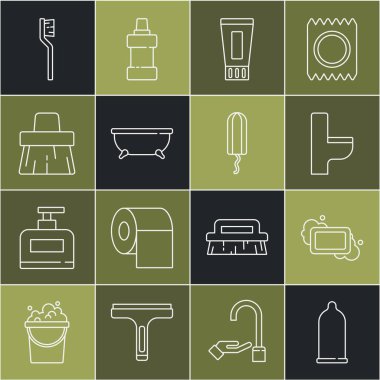 Set line Condom, Bar of soap, Toilet bowl, Tube toothpaste, Bathtub, Handle broom, Toothbrush and Sanitary tampon icon. Vector