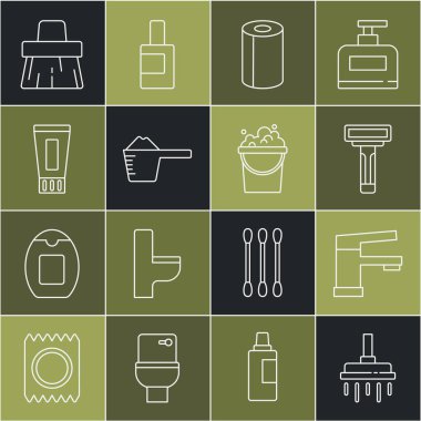 Set line Shower head, Water tap, Shaving razor, Paper towel roll, Washing powder, Tube of toothpaste, Handle broom and Bucket with soap suds icon. Vector