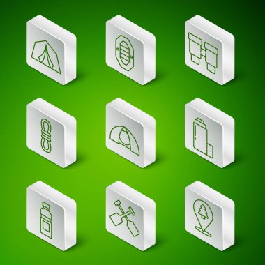 Set line Location of the forest, Paddle, Tourist tent, Climber rope, Rafting boat, Bottle water and Thermos container icon. Vector
