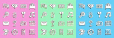 Set line Dating app online, Calendar with heart, Music note, tone hearts, Play Video, Diamond engagement ring, Search and love, Heart speech bubble and Lollipop icon. Vector