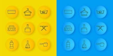 Set line Bottle for cleaning agent, Brush, Dustpan, Washing powder, Ironing board, Sponge, Temperature wash and Towel hanger icon. Vector
