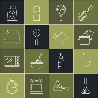 Set line Barbecue spatula, Cutting board and knife, Cooking pot, Frying pan, Spatula, Toaster, Grater and Packet of pepper icon. Vector