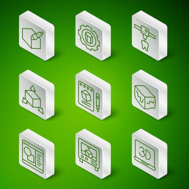 Set line 3D printer, 3d pen tool, Sketch on paper, Isometric cube, setting, software and  icon. Vector