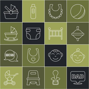 Set line Speech bubble dad, Little boy head, Whirligig toy, Baby bib, diaper, stroller,  and crib cradle bed icon. Vector