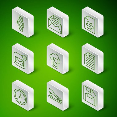 Set line Floppy disk, Stapler, Wrist watch, Cloud database, Envelope, Mail and e-mail, Clock and File document icon. Vector