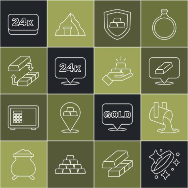Set line Gold ring, Molten gold being poured, bars, with shield, 24k, exchange money,  and  icon. Vector