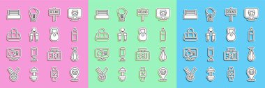 Set line Boxing helmet, Punching bag, ring board, Jump rope, Sport,  and Weight icon. Vector