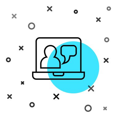 Siyah çizgi çevrimiçi eğitim ve mezuniyet ikonu beyaz arka planda izole edildi. İnternetteki öğretmen monitörde. Giyinme ve video semineri öğrenme. Rastgele dinamik şekiller. Vektör.