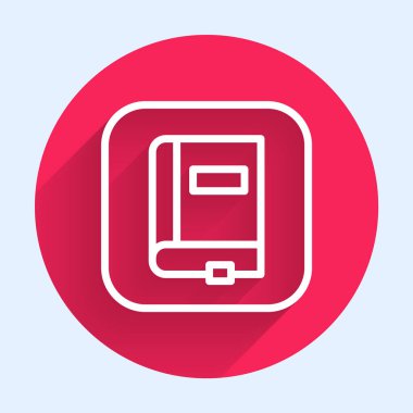 White line Law book icon isolated with long shadow. Legal judge book. Judgment concept. Red circle button. Vector.