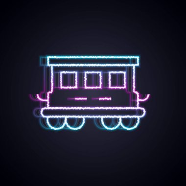 Glowing neon line Passenger train cars toy icon isolated on black background. Railway carriage.  Vector