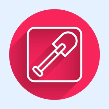 White line Shovel icon isolated with long shadow background. Gardening tool. Tool for horticulture, agriculture, farming. Red circle button. Vector