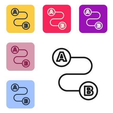 Siyah çizgi rota simgesi beyaz arkaplanda izole edildi. Harita işaretçisi işareti. Yol ya da yol kavramı. GPS navigatörü. Renkli kare düğmelerle simgeleri ayarla. Vektör