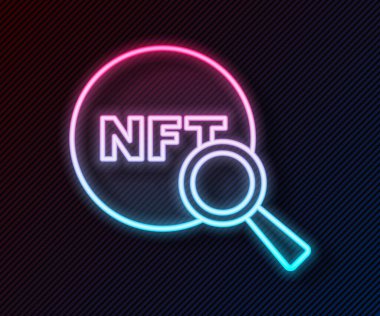 Parlayan neon hattı Arama NFT simgesi siyah arkaplanda izole edildi. Para iadesi olmayan jeton. Dijital kripto sanat konsepti. Vektör