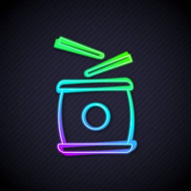 Parlayan neon hattı Çin davul ikonu siyah arka planda izole edildi. Geleneksel Asyalı vurmalı çalgı aleti Taiko veya O-Daiko davulu. Vektör