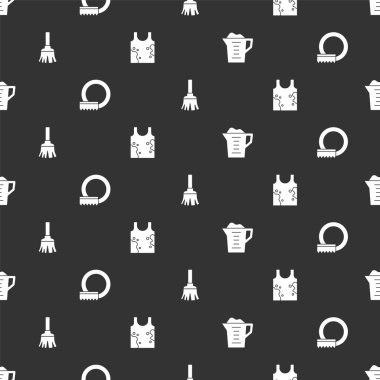 Set Washing powder, dishes, Feather broom and Dirty t-shirt on seamless pattern. Vector