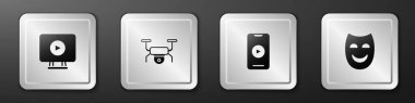 Set Online play video, Drone flying,  and Comedy theatrical mask icon. Silver square button. Vector