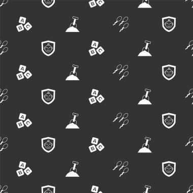 Set Sperm, Baby on shield, ABC blocks and Sandbox with sand and shovel on seamless pattern. Vector