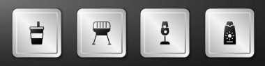 Set Paper glass with water, Barbecue grill, Wine and Sunscreen cream tube icon. Silver square button. Vector