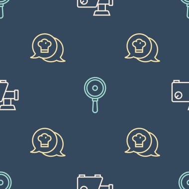 Set line Kitchen meat grinder, Chef hat speech bubble and Frying pan on seamless pattern. Vector