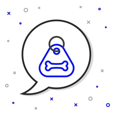 İsim etiketi ve beyaz arka planda izole edilmiş kemik plağı simgesi olan Line Dog tasması. Evcil hayvan malzemeleri. Kedi köpek bakımı. Evcil köpek zincirleri. Renkli taslak konsepti. Vektör