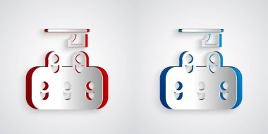 Kağıt kesiği orman yok etme simgesi gri arkaplanda izole edildi. Orman doğrama, tahrip etme. Ekoloji ve hava kirliliği için tehlike. Kağıt sanatı tarzı. Vektör.