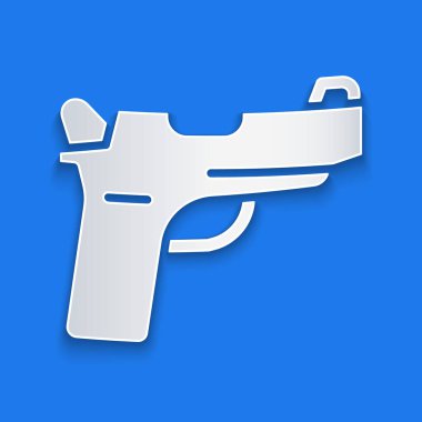 Kağıt kesiği Pistol veya silah simgesi mavi arka planda izole edilmiş. Polis ya da askeri silah. Küçük ateşli silah. Kağıt sanatı tarzı. Vektör