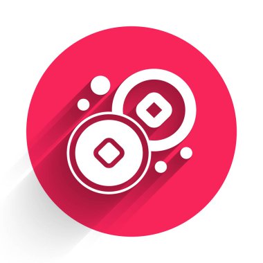 Beyaz Çin Yuan para birimi sembolü uzun gölge arkaplan izole. Bozuk para. Bankacılık işareti. Para sembolü. Kırmızı daire düğmesi. Vektör