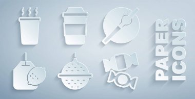 Set Ball tea strainer, Cigarette, Tea bag with lemon, Candy, Cup of and  icon. Vector