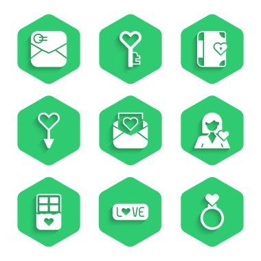 Set Envelope with Valentine heart, Love text, Wedding rings, Romantic girl, Chocolate bar, Female gender symbol, diary and  icon. Vector