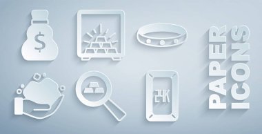 Set Gold bars, ring, nugget, 24k, Safe with gold and Old money bag icon. Vector