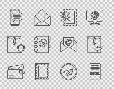 Set line Envelope, Mail box, Postal stamp, Chat messages notification on phone, Address book, Paper plane and  icon. Vector