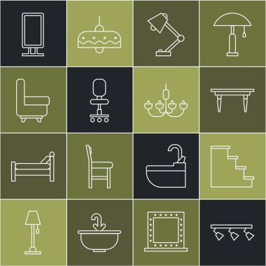 Set line Led track lights and lamps, Staircase, Wooden table, Table, Office chair, Armchair, Big full length mirror and Chandelier icon. Vector