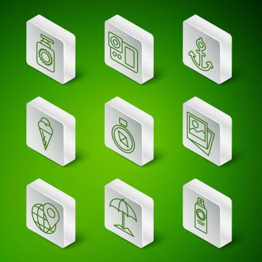 Set line Sunscreen spray bottle, protective umbrella for beach, Compass, Ice cream in waffle cone, Photo camera, Location the globe and  icon. Vector