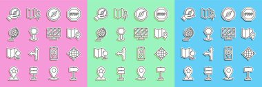 Set line Road traffic sign, World globe with compass, Folded map location marker, Compass, Earth,  and Monitor icon. Vector