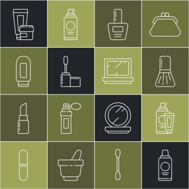 Set line Bottle of shampoo, Cream or lotion cosmetic tube, Makeup brush, Nail polish bottle, Mascara,  and powder with mirror icon. Vector