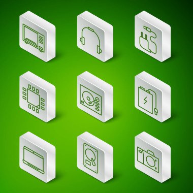 Set line Photo camera, Hard disk drive HDD, Microwave oven, Vinyl player, Processor with microcircuits CPU, Headphones, Laptop and Power bank charge cable icon. Vector