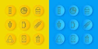 Set line Onigiri, Grilled shish kebab, Thermos container, Paper glass with straw, French hot dog, Chocolate bar, Popcorn box and Pizza icon. Vector